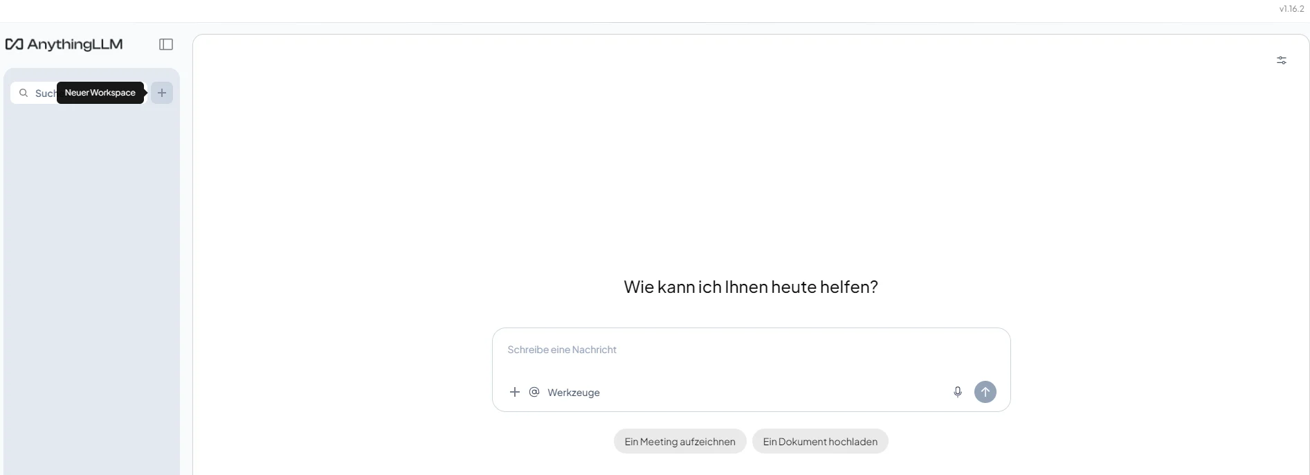 Die Seitenleiste mit eingeblendeter Beschriftung Neuer Workspace über dem Plus-Symbol neben dem Suchfeld