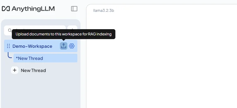 Beschriftung 'Upload documents to this workspace for RAG indexing' über dem Hochladen-Symbol neben dem Workspace-Namen