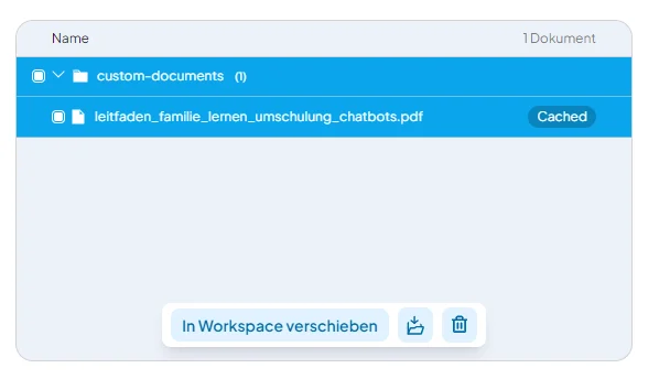 Eine ausgewählte PDF-Datei in der Liste, darunter der Knopf In Workspace verschieben