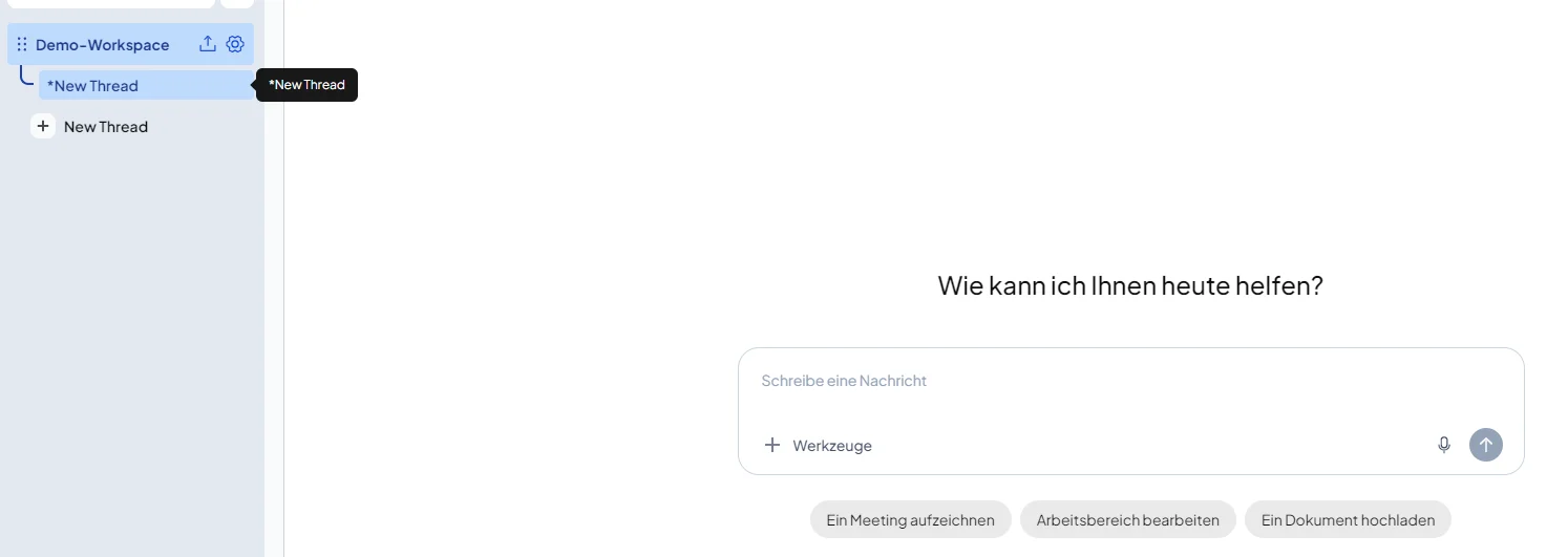 Die Seitenleiste mit dem Workspace Demo-Workspace, dem aktiven Thread New Thread und der eingeblendeten Beschriftung New Thread über dem Plus-Symbol