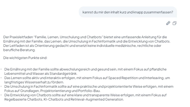 Eine Folgefrage 'kannst du mir den inhalt kurz und knapp zusammenfassen?' mit der Antwort der KI in Stichpunkten darunter