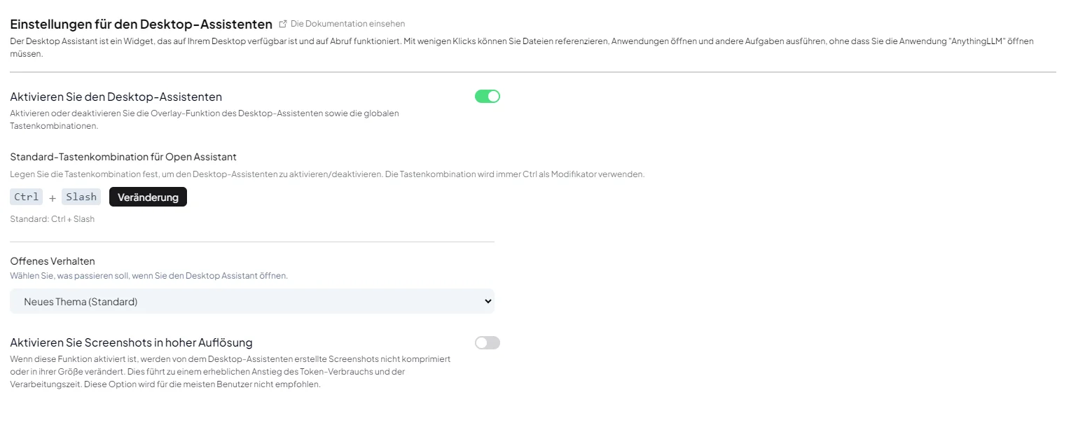 Einstellungen für den Desktop-Assistenten mit dem Schalter Aktivieren Sie den Desktop-Assistenten, der Tastenkombination Ctrl + Slash und der Auswahl Offenes Verhalten
