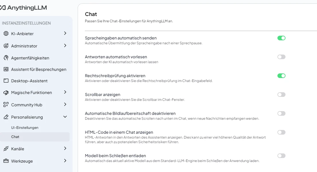 Die Chat-Einstellungen mit Schaltern für Spracheingaben automatisch senden, Antworten automatisch vorlesen, Rechtschreibprüfung aktivieren und weiteren Optionen