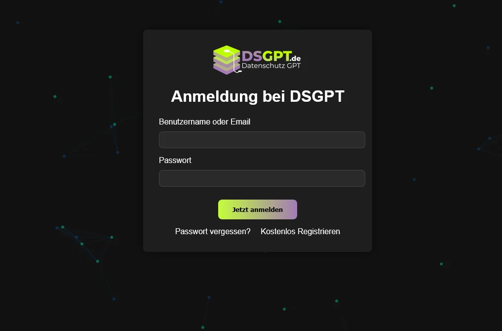 Die Anmeldeseite mit den Feldern Benutzername oder Email und Passwort, dem Knopf Jetzt anmelden sowie den Links Passwort vergessen und Kostenlos Registrieren