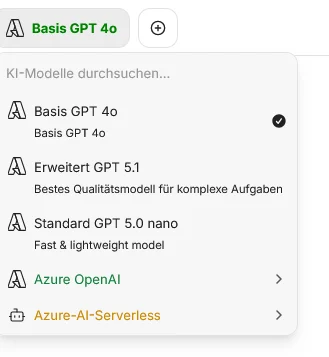 Aufgeklappte Modellauswahl mit den Einträgen Basis GPT 4o, Erweitert GPT 5.1 und Standard GPT 5.0 nano