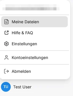 Das aufgeklappte Benutzermenü unten links mit den Einträgen Meine Dateien, Hilfe und FAQ, Einstellungen, Kontoeinstellungen, Abmelden