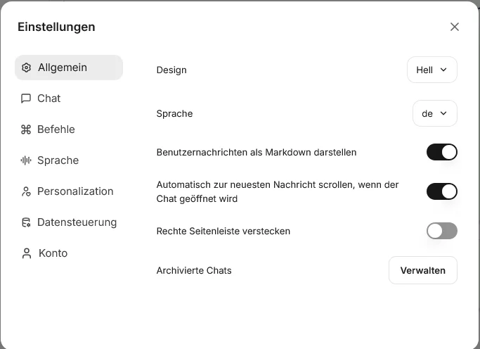 Das Fenster Einstellungen, Bereich Allgemein, mit Auswahl für Design und Sprache
